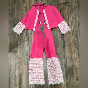 Retro Flare One Piece Pagent Pink Jumpsuit with Matching Jacket 70s Large